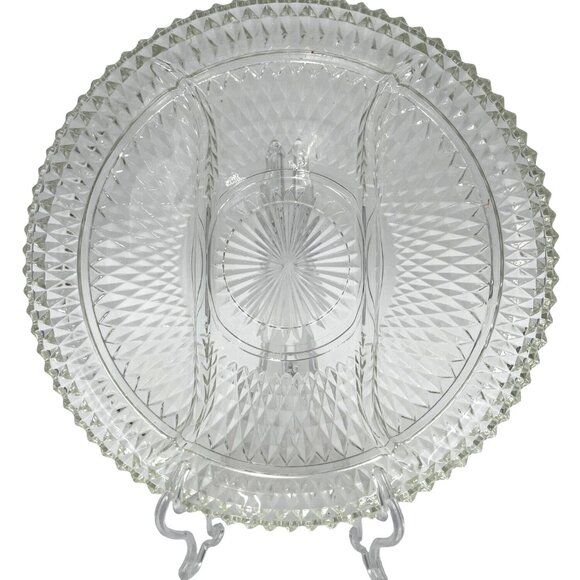 Vintage Clear Glass Divided Serving Tray With Intricate Diamond Cut Pattern & Sc - Picture 1 of 4